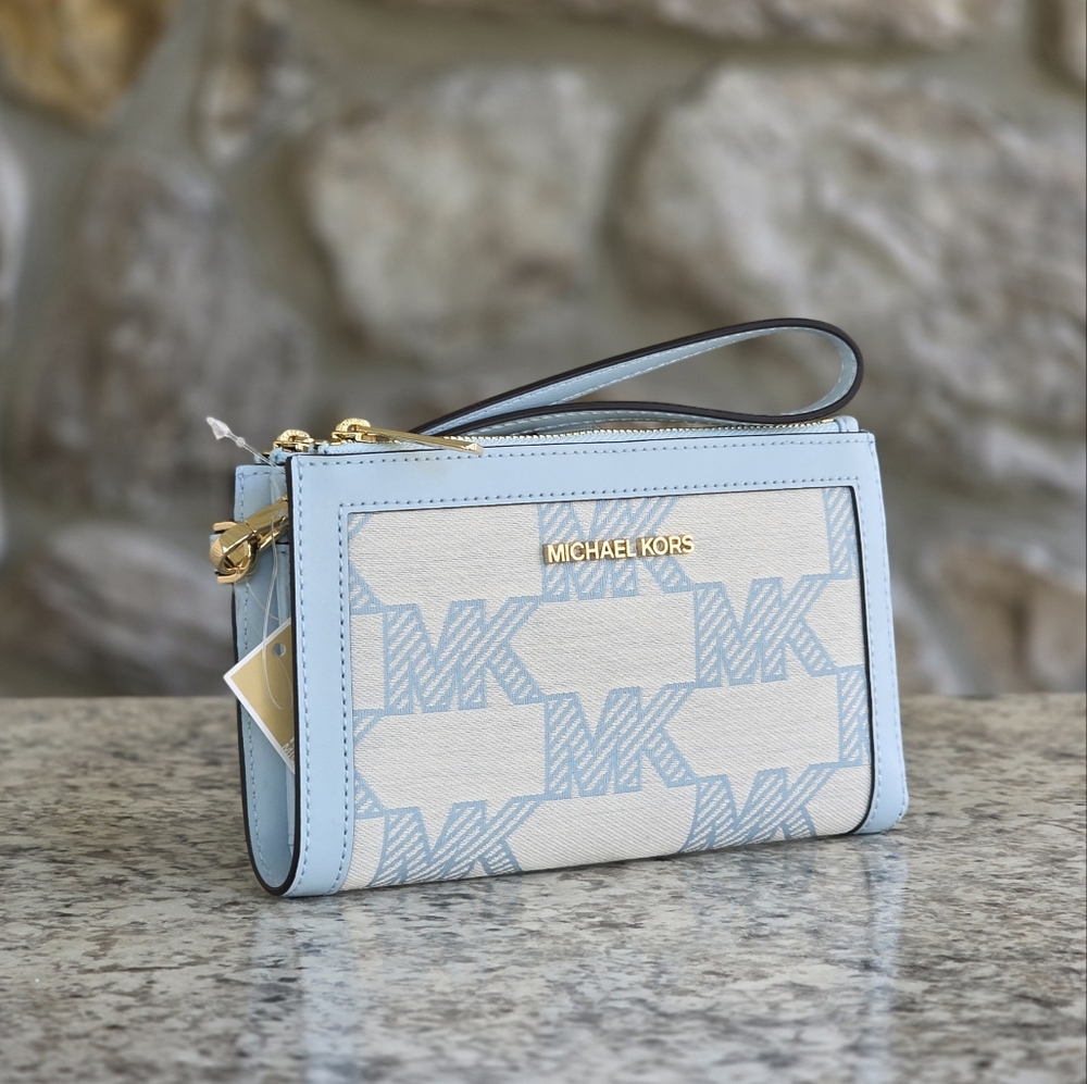 Michael Kors Jet Set Logo Large Double Zip Blue Wristlet